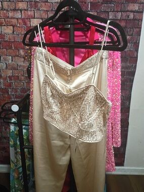 Fashion Nova Full Of Sparkle Satin Pant Set Champagne XL Sold Out Color